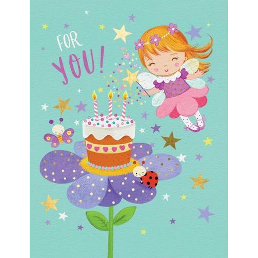 A colorful birthday gift enclosure card with a fairy and a birthday cake illustration, titled 'FOR YOU!'