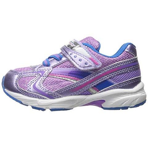 A pair of pink Tsukihoshi Glitz Glitter Sparkle sneakers for toddlers, featuring a hook-and-loop closure and elastic laces.