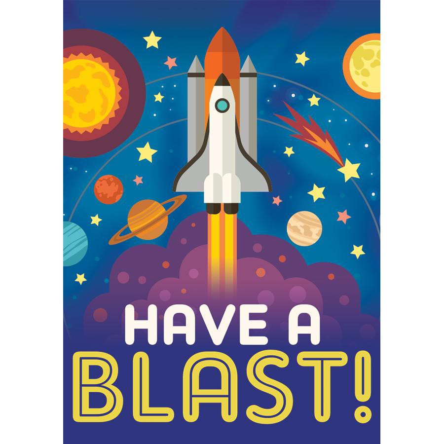 A colorful gift enclosure card with a space shuttle theme and the text 'HAVE A BLAST!'