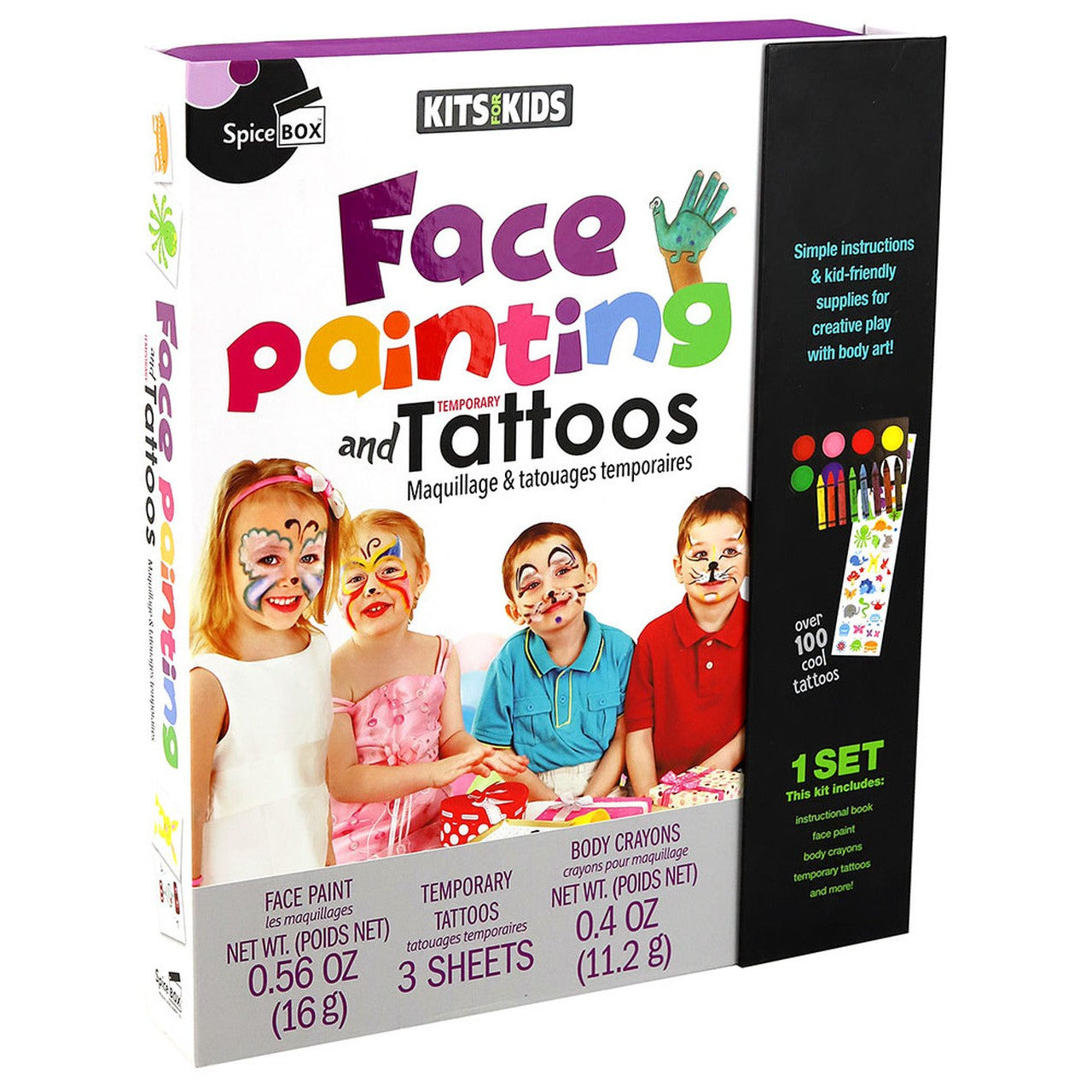 A product image for SpiceBox Kits for Kids Face Painting and Tattoos, showing the box with images of children using face paint and temporary tattoos, along with contents like makeup brushes, crayons, paint cakes, sponges, and sheets of tattoos.