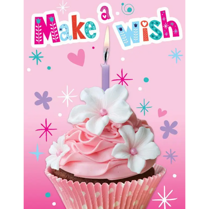 A card with a cupcake illustration, featuring pink icing and white flowers, with a candle and the text 'Make a wish' on top.