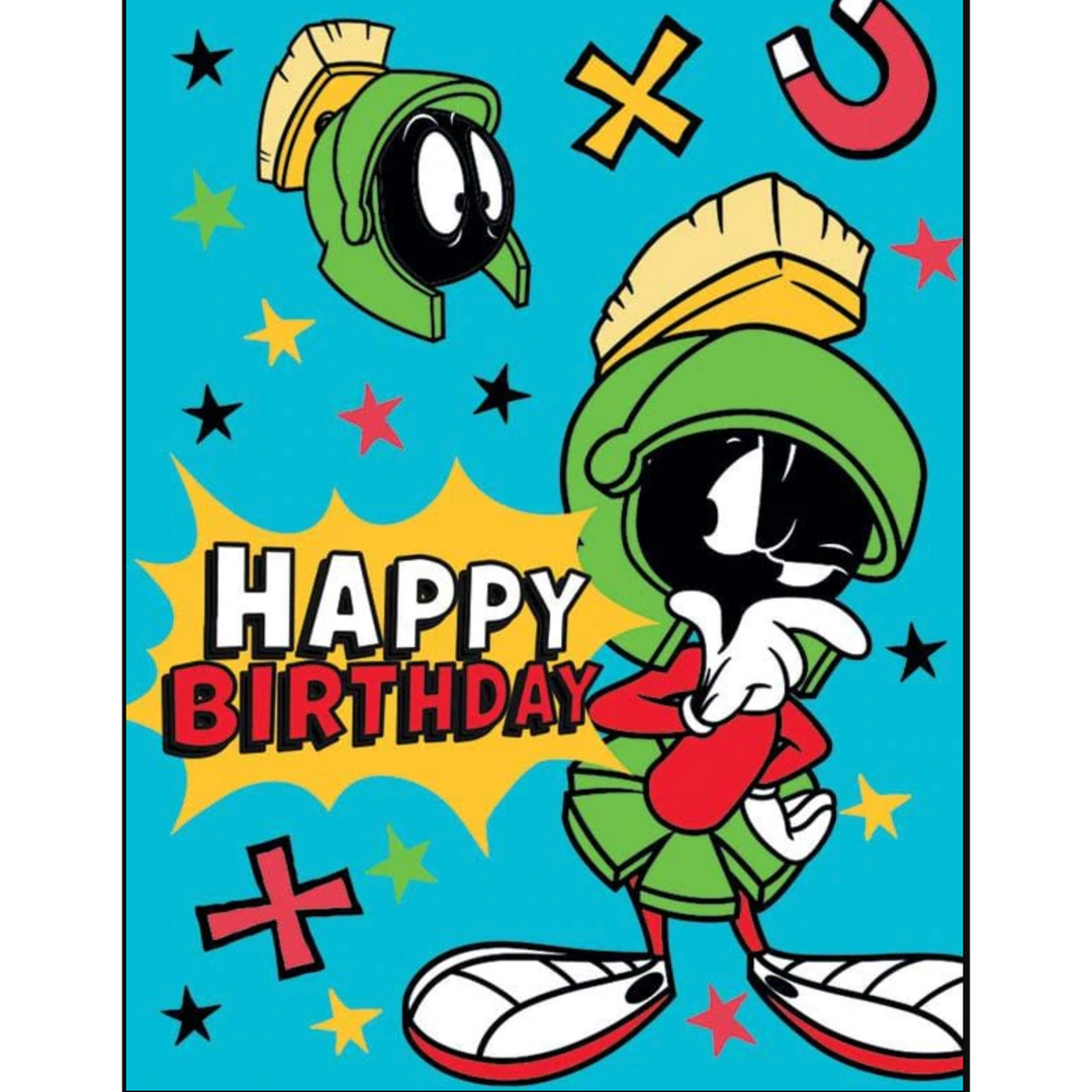 A colorful gift enclosure card featuring Marvin the Martian with the text 'Happy Birthday'.