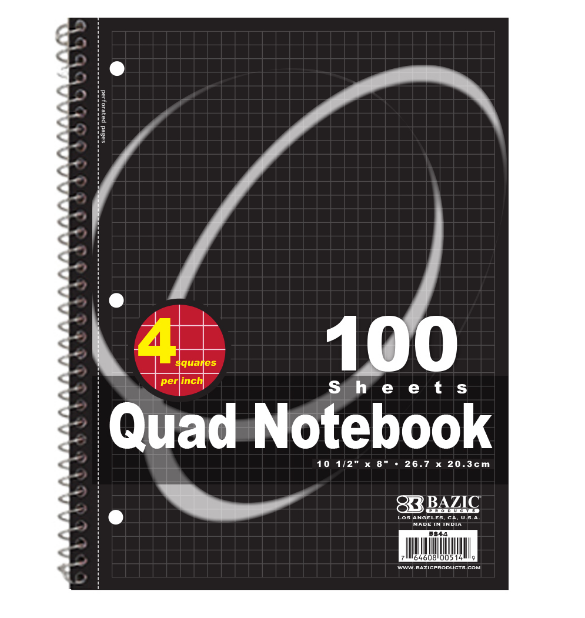 BAZIC Quad Ruled Spiral Notebook 100 Sheets, 4 Cover Colors 1 Random Per Order