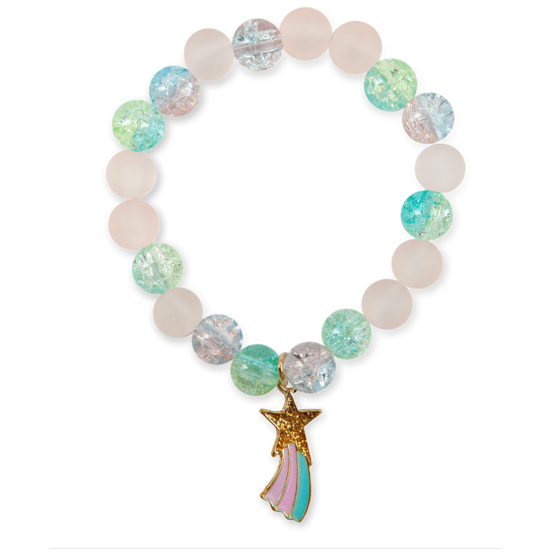 A bracelet with frosted pink beads, sparkly teal and blue beads, and a shooting star pendant.