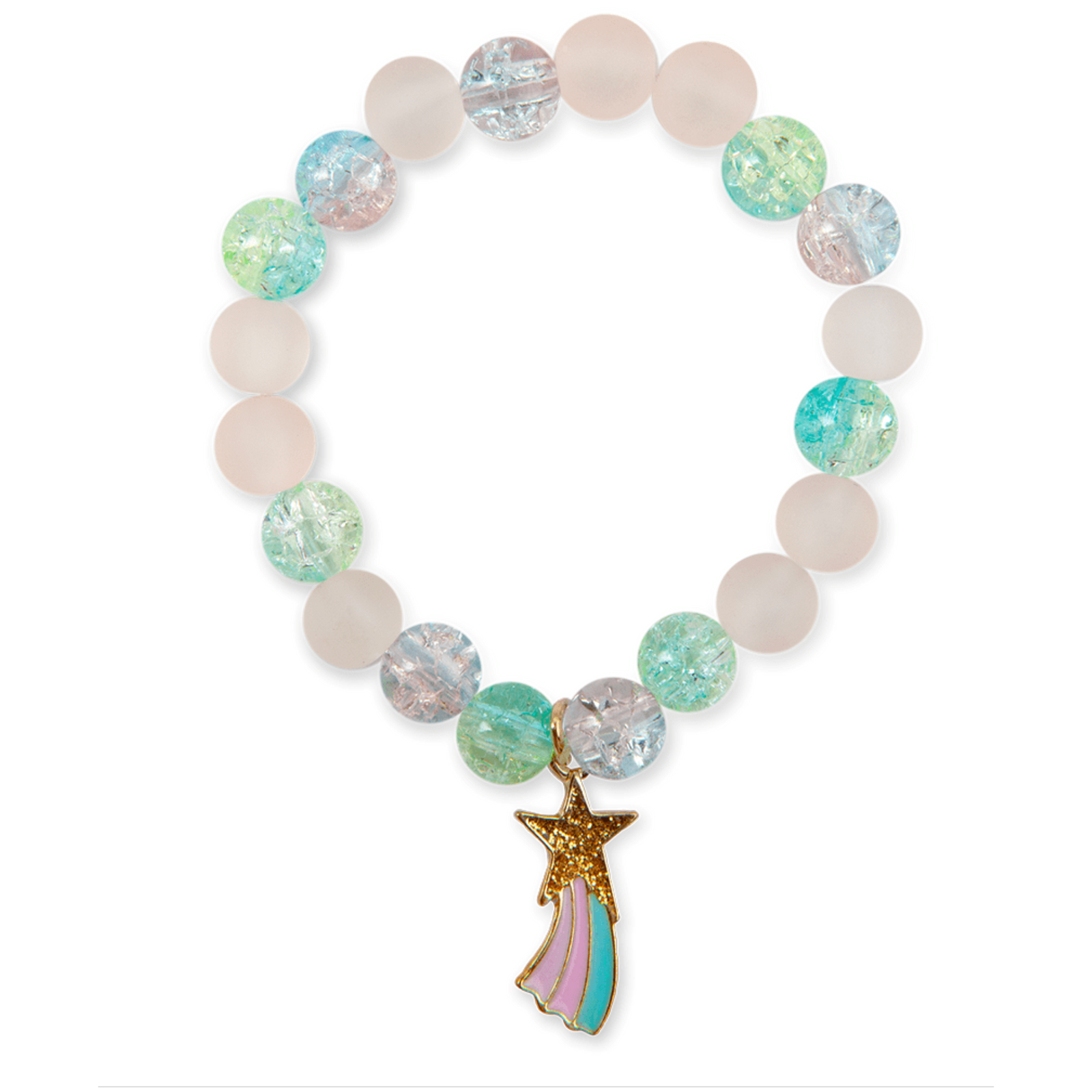 A bracelet with frosted pink beads, sparkly teal and blue beads, and a shooting star pendant.