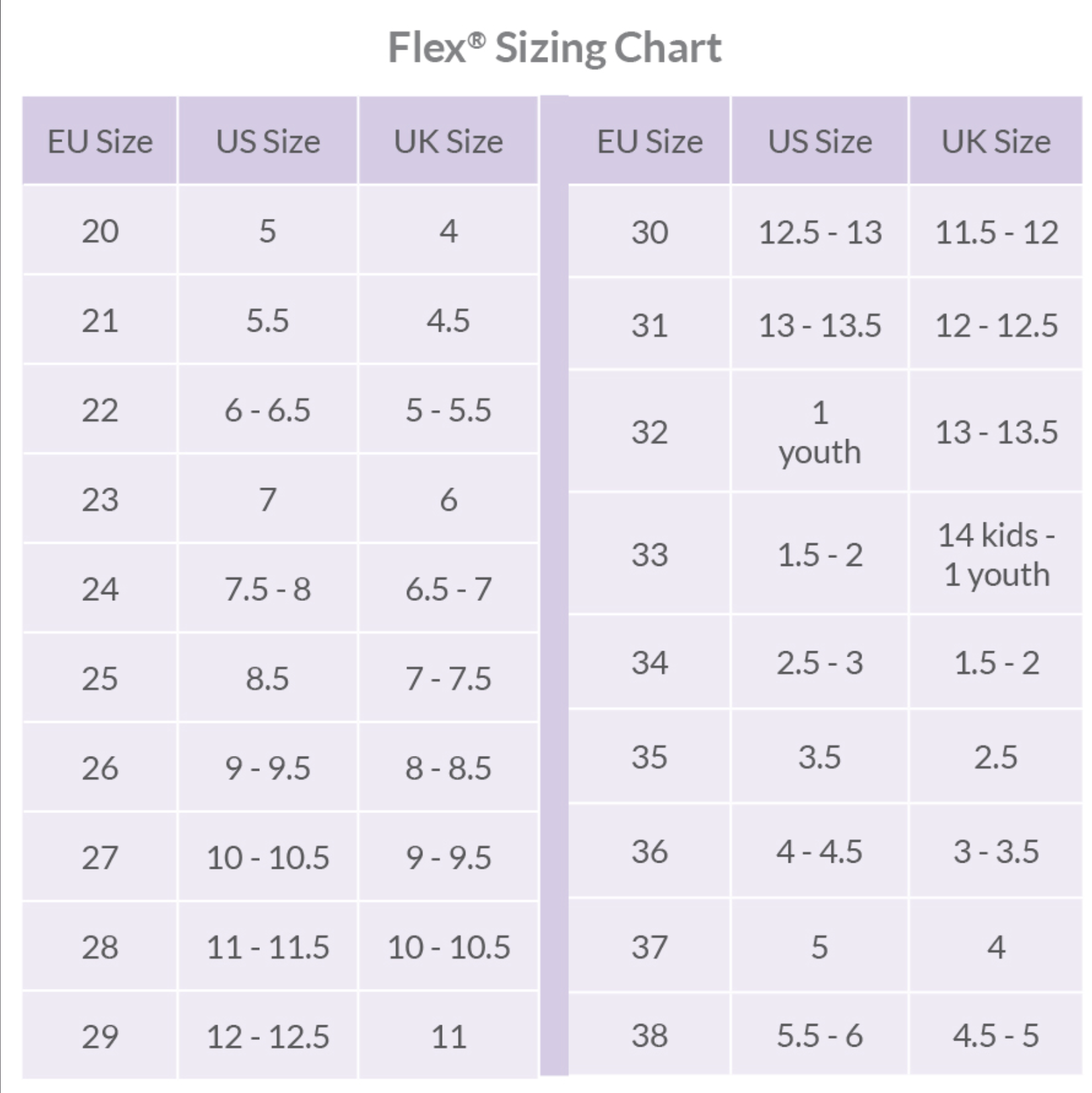 Pedipeds hot sale size chart