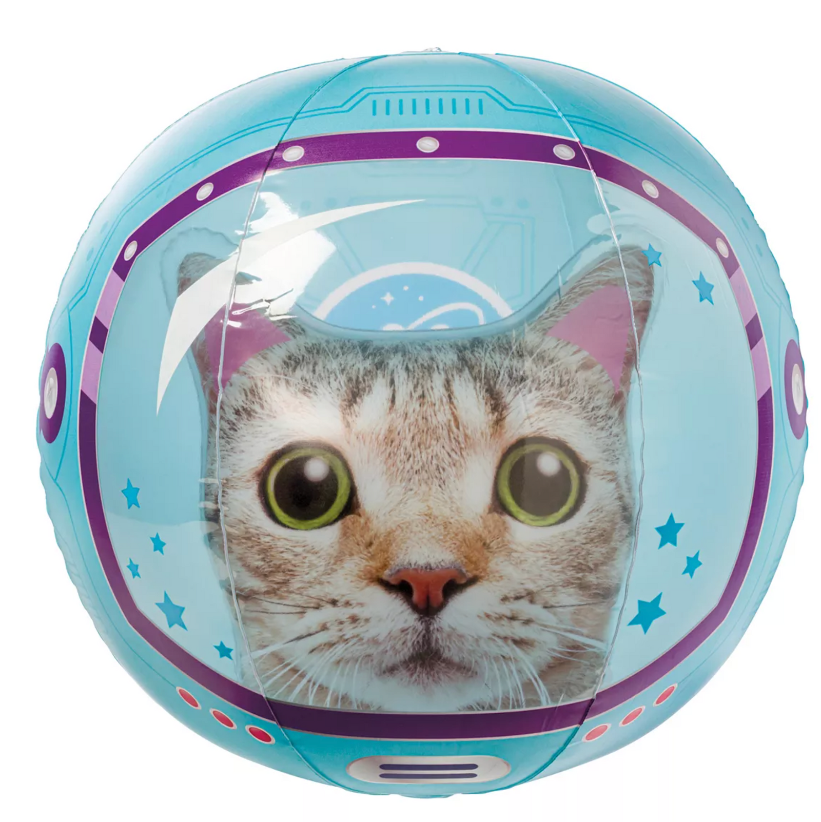 A beach ball with a cute space cat graphic in blue and purple colors with star patterns.