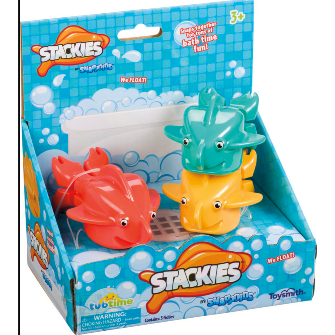 Packaging of Toysmith Stackies bath toys featuring colorful plastic fish in red, green, and yellow, designed for baby interactive play.