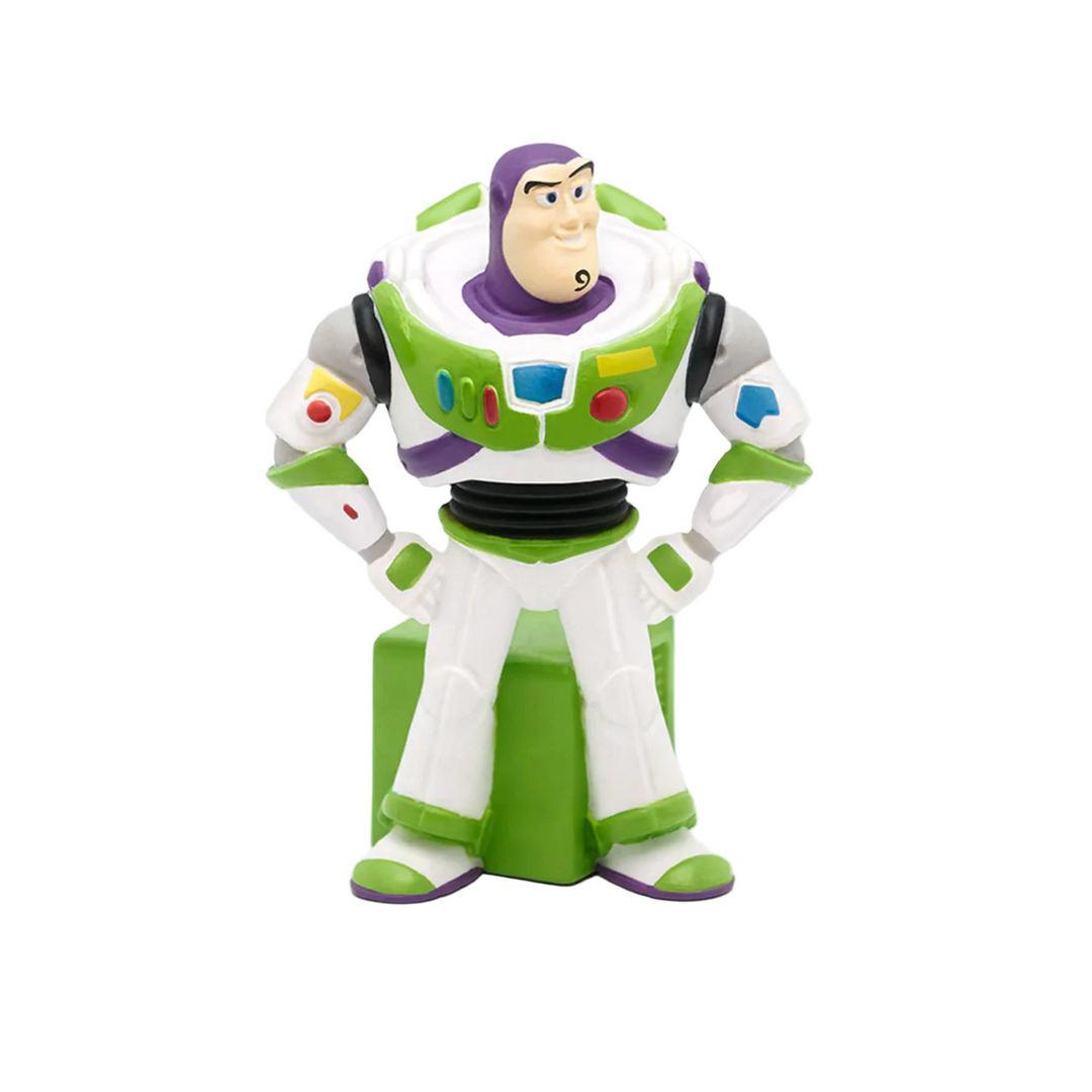 A figurine of Buzz Lightyear from Toy Story, predominantly green with white and purple accents, standing upright.