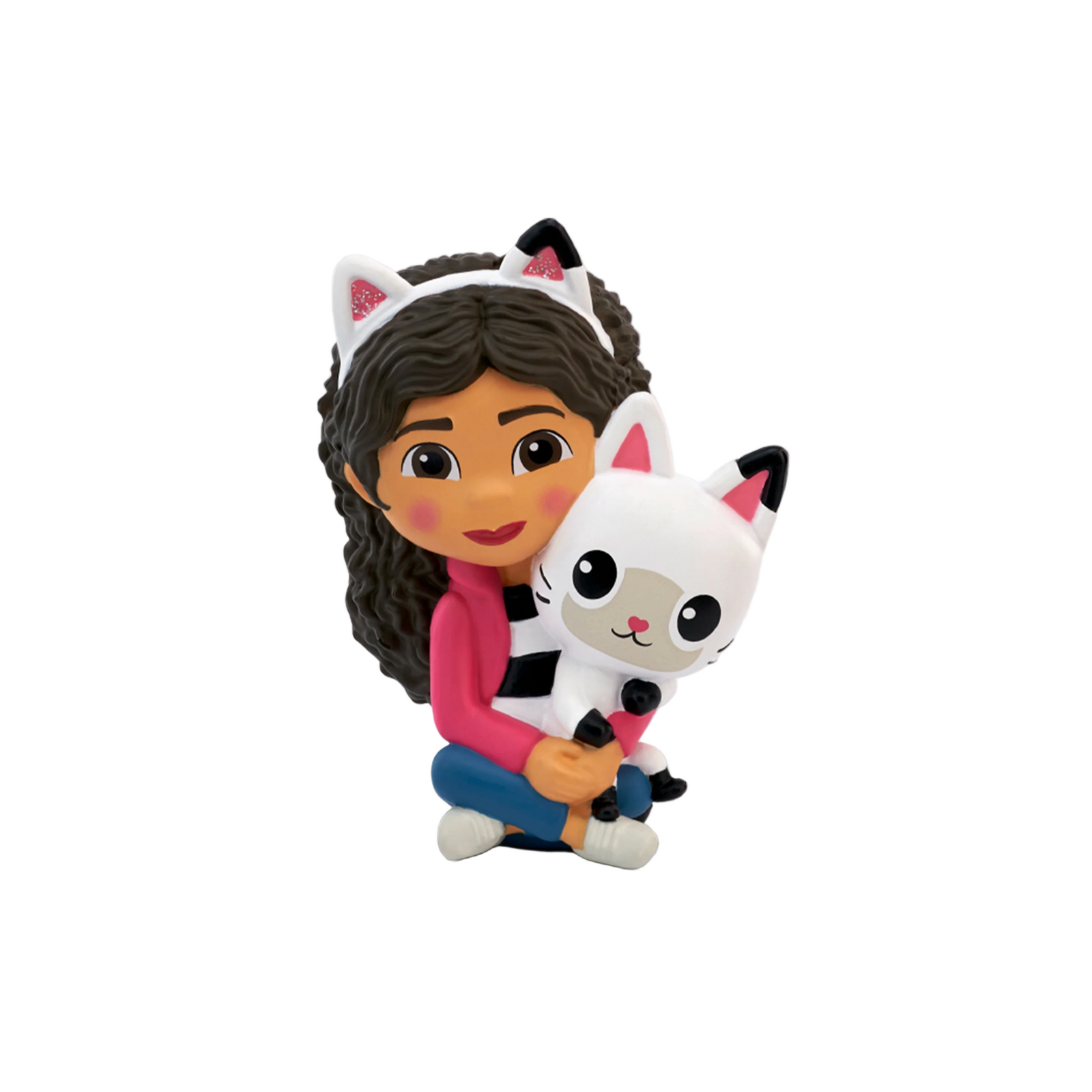 A plastic figurine of a girl with a doll and a cat toy, part of the Tonies Gabby's Dollhouse playset.