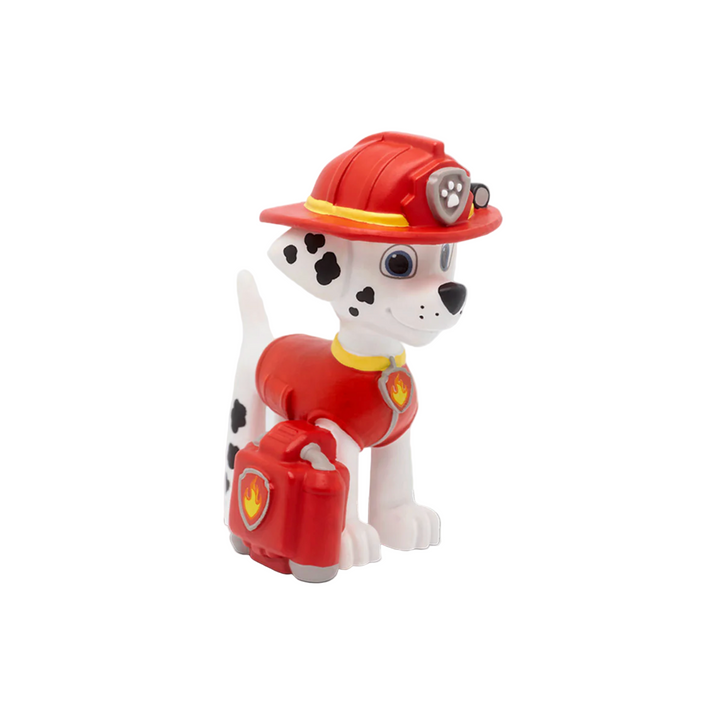 A plastic toy figure of PAW Patrol character Marshall, dressed in a red fireman's outfit, complete with helmet and tools, against a white background.