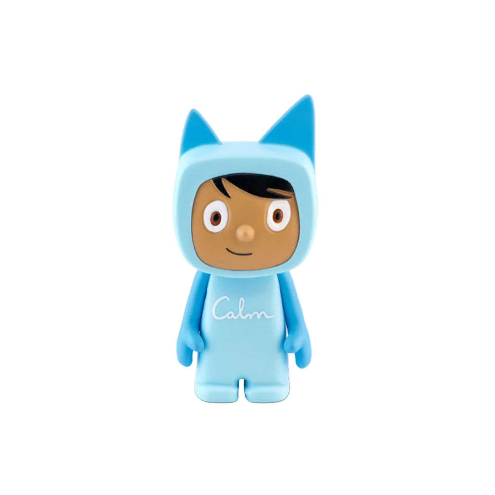 A blue Tonie character designed to look like a cat with a 'Calm' logo on its chest.