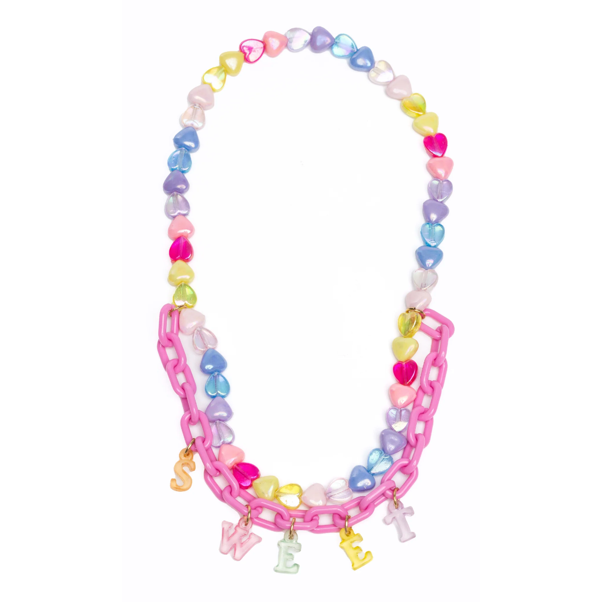 A colorful necklace with heart-shaped beads and a pink chain link, featuring charms with the text 'SWEET'.