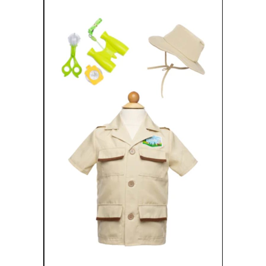 A 5-piece children's costume set displayed on a mannequin, including a beige button-up shirt, safari hat, green binoculars, and accessories.
