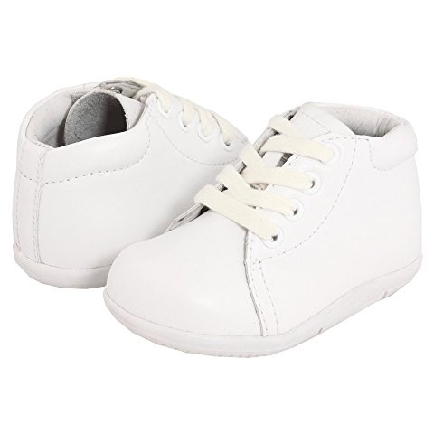 A pair of white Stride Rite SRT Elliot toddler shoes with lace closures.