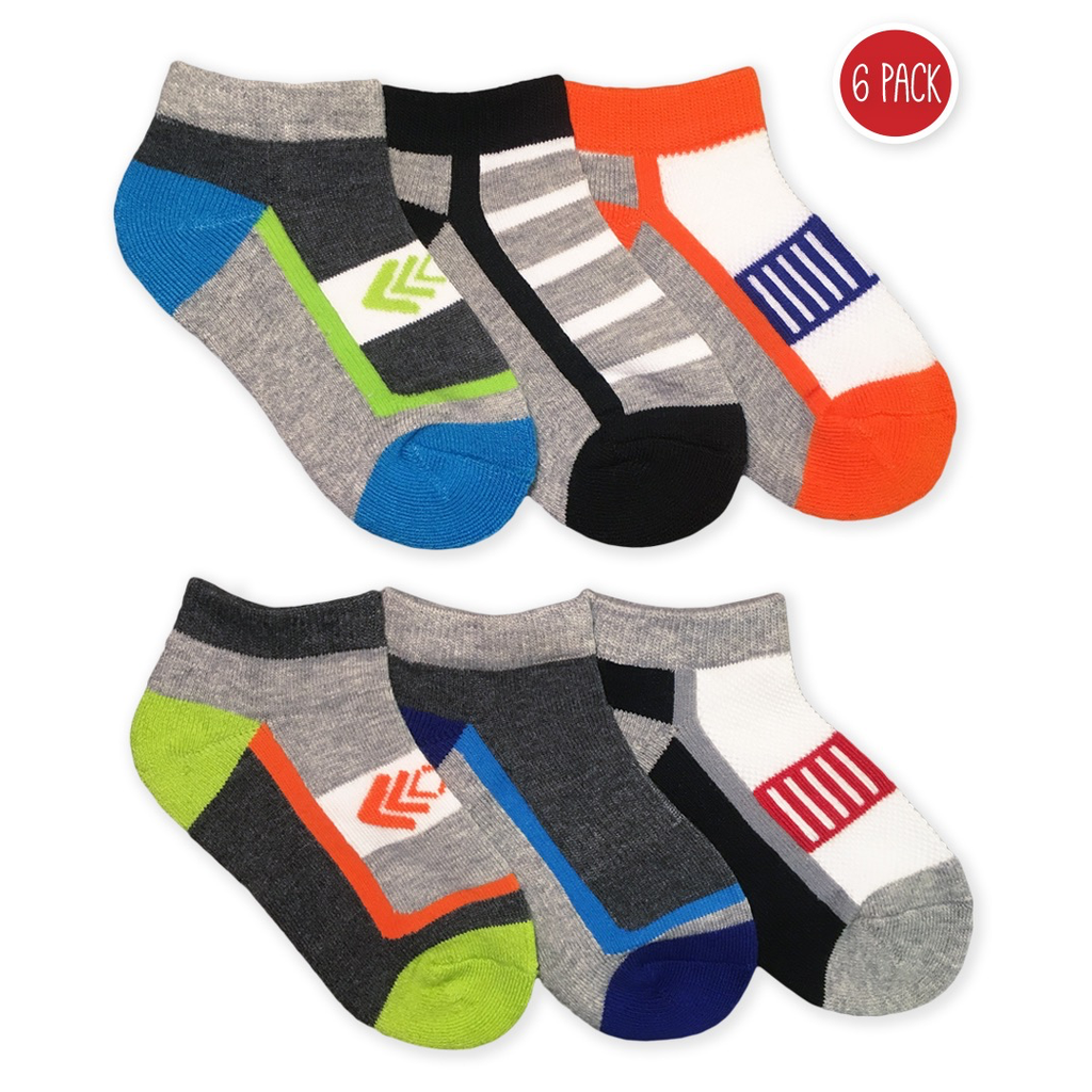 A collection of six pair of Jefferies Socks Colorful Sport Low Cut Socks, displaying various patterns and colors.