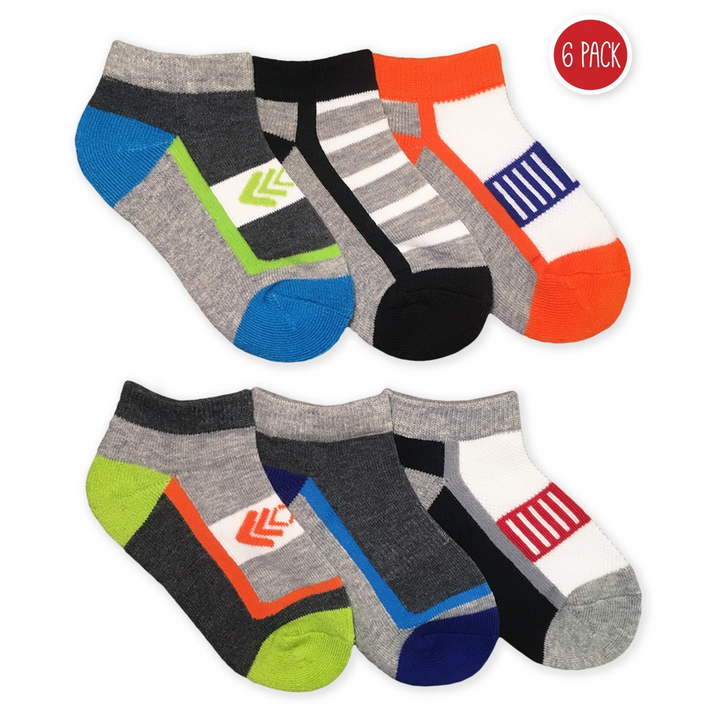 A collection of six pair of Jefferies Socks Colorful Sport Low Cut Socks, displaying various patterns and colors.
