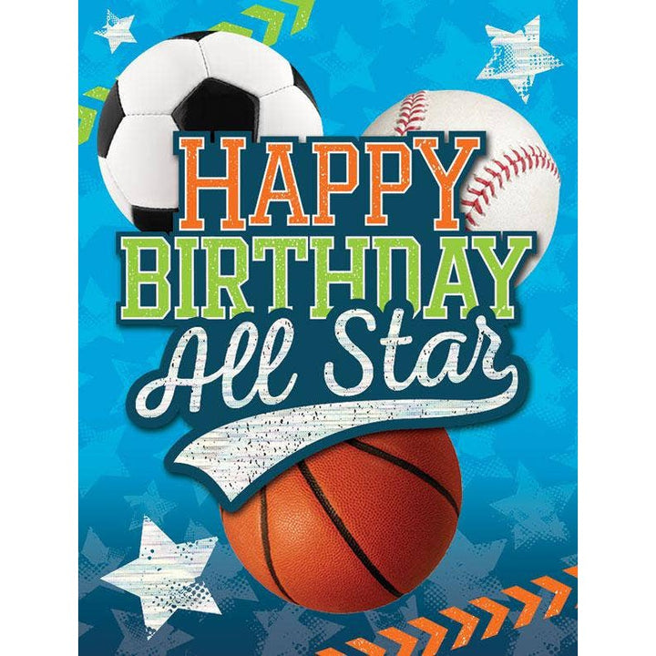 A colorful gift enclosure card with images of a baseball, basketball, and soccer ball, featuring the text 'Happy Birthday All Star'.